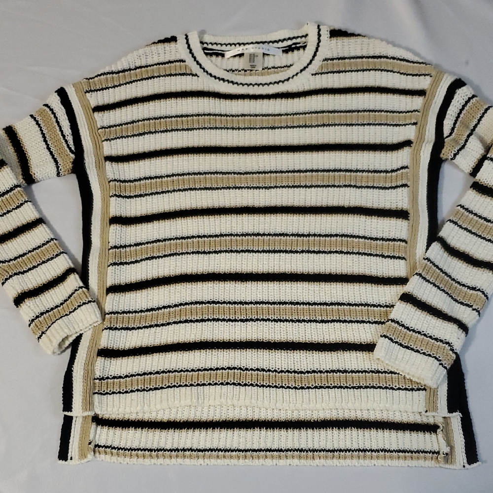 Max Studio Gorgeous NWOT Black/Tan/Cream Cozy Soft Striped Sweater Size XS-Med